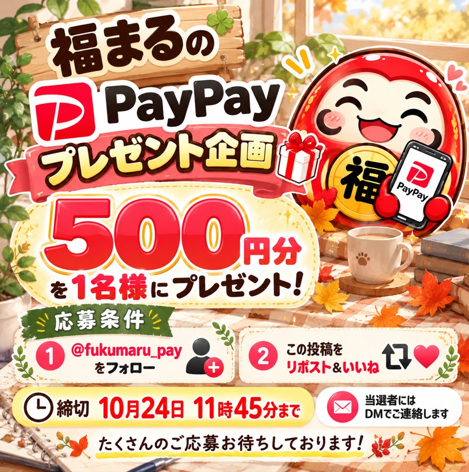 fukumaru_pay's tweet photo. 🎁 福まるのPayPayプレゼント企画 🎁

💰 PayPay500円分を1名様に！

🍀 応募条件
① @fukumaru_pay をフォロー
② この投稿をリポスト＆いいね
⏰ 締切：10月24日 11:45
🎉 当選者にはDMでご連絡します！

たくさんのご応募お待ちしてます🍀✨ https://t.co/8utAx5QdO4