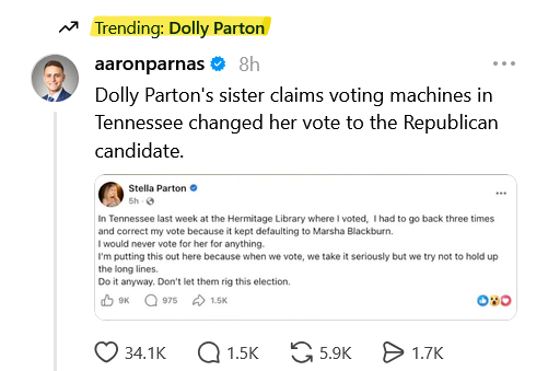 ritchiepage2001's tweet photo. App State
Dolly Parton's 'frightened' sister claims voting machine flipped her ballot to Republican
https://t.co/rFyiFwAh2L
https://t.co/NKQEiCNr1L
#Project2025 #TechBros #CorpMedia #Oligarchs #MegaBanks vs #Union #Occupy #NoDAPL #BLM #SDF #DACA #MeToo #Humanity #FeelTheBern https://t.co/tZvuPLMxAx