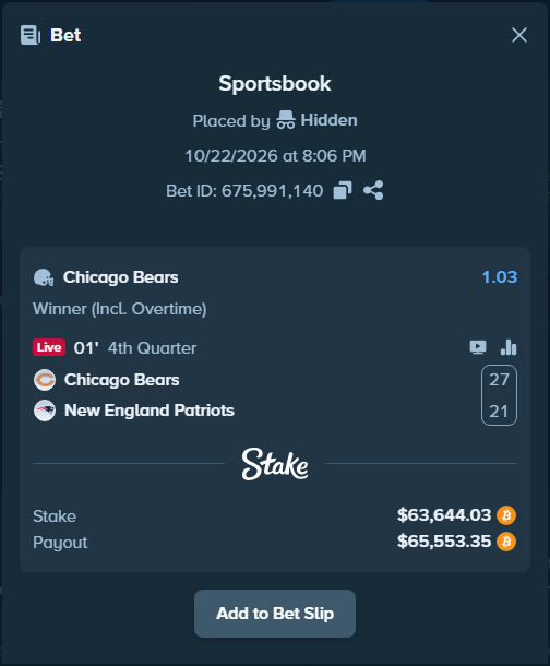 OnlyHighRoll's tweet photo. Huge Bet placed on 🏈 Chicago Bears - New England Patriots

💰 Stake: $63,644.03

💲 Bet on https://t.co/XfHCjjTfKE https://t.co/YkG0Gu6aIq