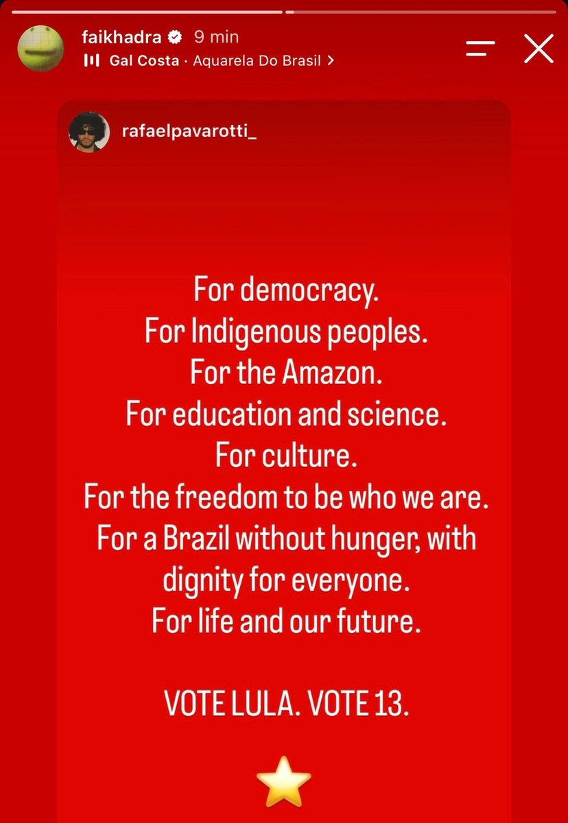 faisource's tweet photo. Fai Khadra supporting the elections in Brazil and asking for votes for the current and best president LULA 13 ⭐️ #LULA https://t.co/Hg6GC2ss8x