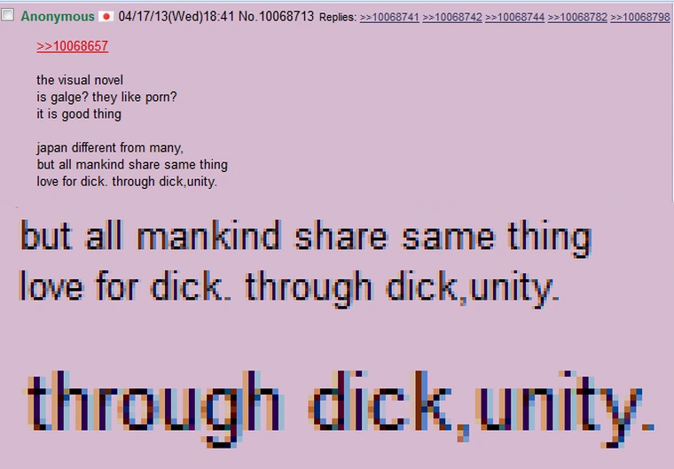 K0n991's tweet photo. @karka_twei There is a similar idea in the west too! "Through dick, unity!" 
And I do agree a lot of western folk do give up too easily... I've gotten JP only works by telling friends "keep an eye out and grab it while you're there" I'll pay you back and treat you to drinks for the effort! https://t.co/3ZfCCkNQba