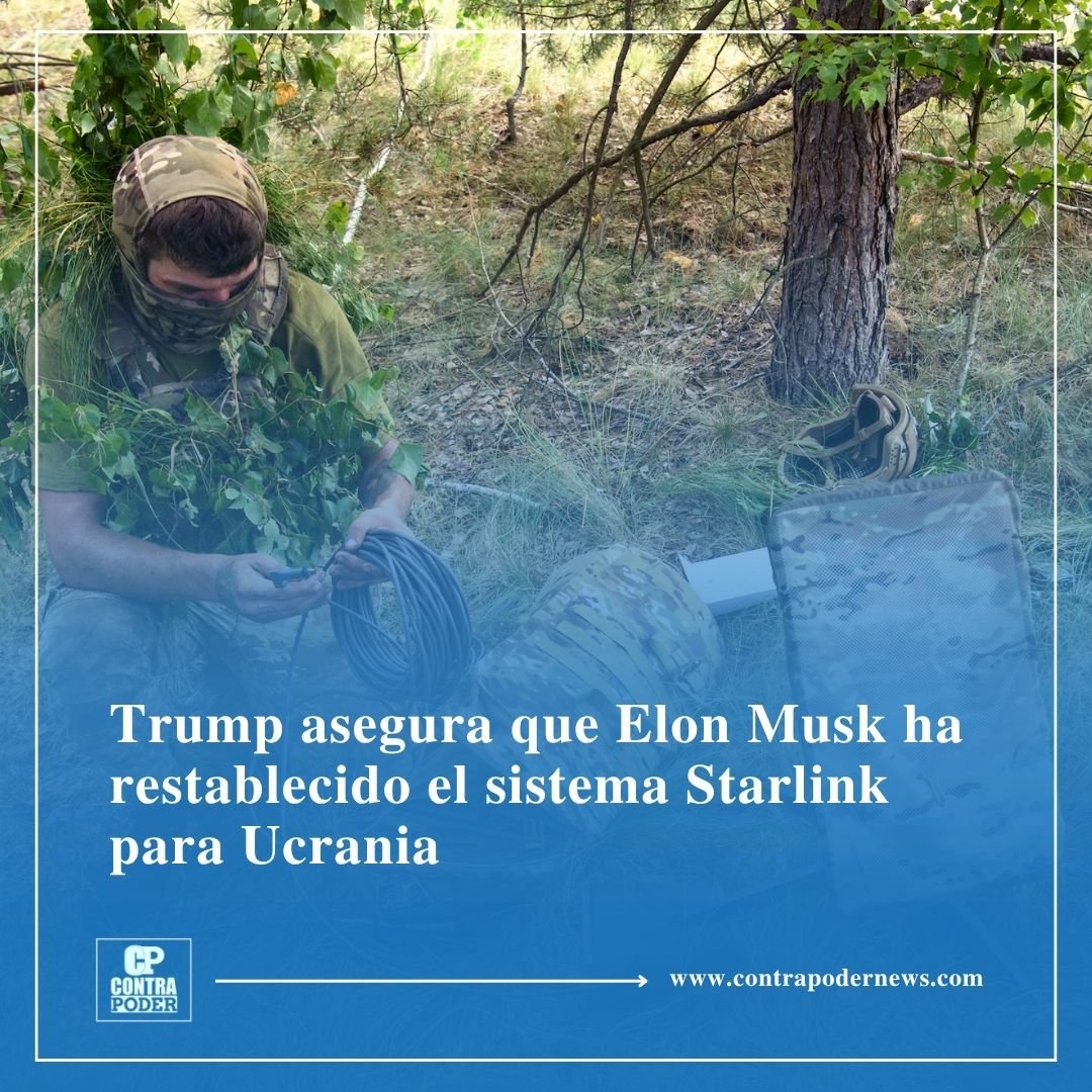 ContraPoder30's tweet photo. 🔗 Lee esta y otras noticias en nuestra página web: https://t.co/VRBjh9BuPe

🇺🇸🇷🇺🇺🇦 | El presidente de EE. UU., Donald Trump, ha asegurado este jueves que Elon Musk, propietario de SpaceX, ha restablecido el sistema Starlink en Ucrania, tras las múltiples denuncias de ralentizaciones que culminaron con el presidente ucraniano, Volodimir Zelenksi, reclamando en una conversación con el secretario de Estado estadounidense, Marco Rubio, el restablecimiento del mismo.

Ahora, el presidente ha apuntado al cumplimiento del reclamo de Kiev, si bien lo ha hecho evitando confirmar que él mismo ha llamado a Musk para conseguirlo, como ha recogido el diario ‘The Wall Street Journal’, citando a funcionarios estadounidenses.

«El hecho de si llamé yo o si llamó otra persona no cambia nada», ha declarado Trump ante los medios en una intervención en la que, pese a destacar que su «relación con Elon es muy buena», ha preferido dejar la situación en que «él [Musk] lo ha restablecido».

Hasta el momento, Kiev no ha salido al paso de estas declaraciones de manera oficial, aunque ‘The Wall Street Journal’ ha informado de que el sistema ya funcionaba ‘con mayor normalidad’ desde poco después de la conversación —que sitúa este mismo jueves—, citando a funcionarios estadounidenses y ucranianos.

Asimismo, recoge que algunos funcionarios ucranianos han señalado que el sistema no ha recuperado su funcionalidad completa, pero opera a una velocidad superior a la que permitía la limitación anterior.

Cabe recordar que el Gobierno de Ucrania había denunciado en los últimos días limitaciones de velocidad de la red Starlink que habrían dificultado las labores de defensa contra Rusia. De hecho, Zelenski trasladó el lunes a una delegación bipartidista del Congreso de EE. UU. su «profunda alarma» por las restricciones de velocidad en los servicios de Starlink y Starshield —división de la anterior destinada al ámbito militar—, las cuales afectan a los ataques de medio alcance y la capacidad de derribar drones, así como por la falta de alertas tempranas de Inteligencia por parte de Washington ante los bombardeos rusos, según denunció.

Un día después, el mandatario ucraniano aseguró haber mantenido una conversación «sustancial» y «constructiva» con Marco Rubio en la que abordaron los interceptores de misiles balísticos, la alerta temprana ante ataques rusos y la situación de Starlink/Starshield, «que debe ser restablecida».

🔗 Lee esta y otras noticias en nuestra página web (link en la bio)