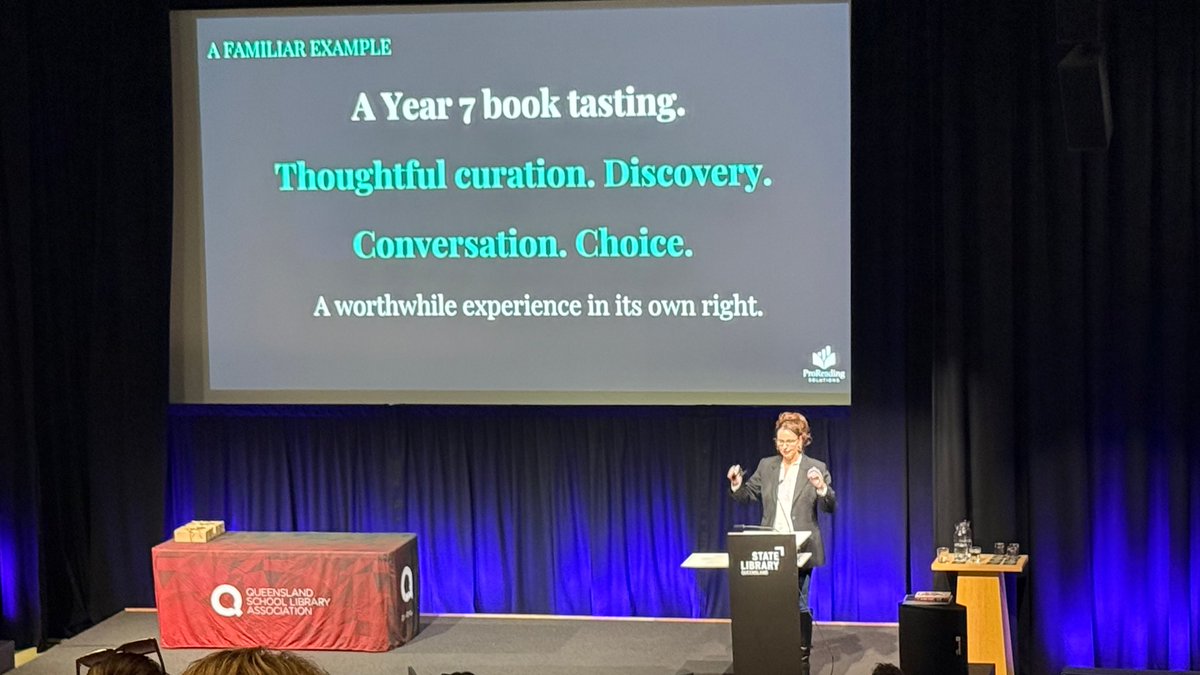 QldSLA's tweet photo. 🌱 Session 3: Building Your School's Literacy Ecosystem
Gabrielle Mace reminds us: School Libraries are vital to literacy! 📚 Make your impact visible by connecting reading, inquiry, leadership and community. Build on what's already happening!
#QSLAFutureLibraries2026 https://t.co/HBPPQ1fsIF