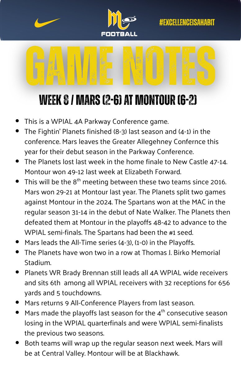 MarsHSFootball's tweet photo. Gameday Notes:  
Mars at Montour    
Week 8 at Thomas J. Birko Memorial Stadium  

#ExcellenceIsAHabit 👽🏈💪
@MarsAreaSD @MASDFP https://t.co/Auh7wghGlu