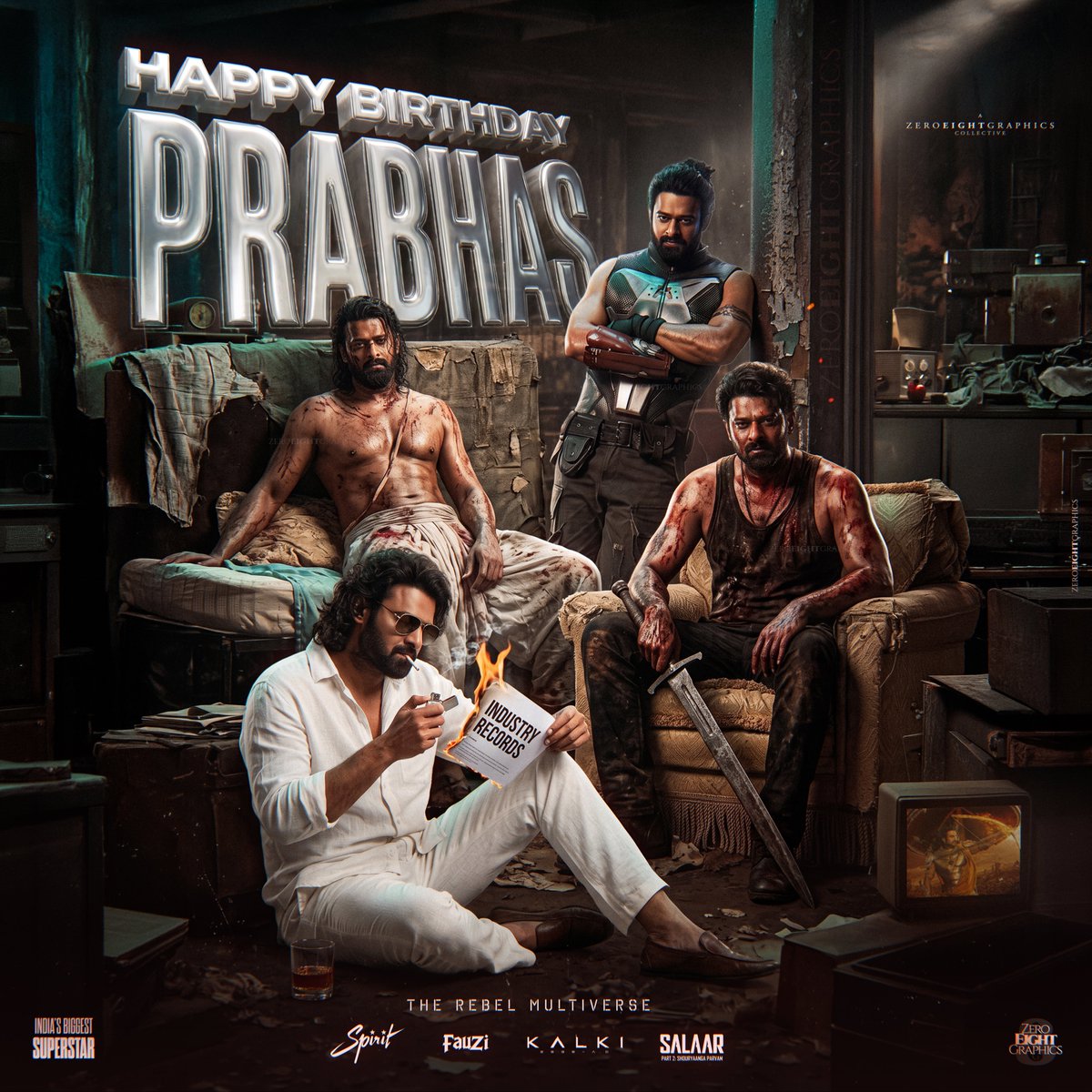 Zero8Graphics's tweet photo. MULTIVERSE OF REBEL 💥❤️‍🔥

Four avatars, four crazy worlds, and our Darling in all of them! 🦖🔥

@Zero8Graphics presents an exclusive birthday CDP for #Prabhas anna! 🤩🫶🏻

Asalu aa lineup entanna? Can’t wait 😭
#HappyBirthdayPrabhas #PrabhasBirthday #Fauzi #Kalki2898AD #Spirit @SShanthReddy @CanadaPrabhasFN @HailPrabhas007 @RodRaisar @PrabhasVortex