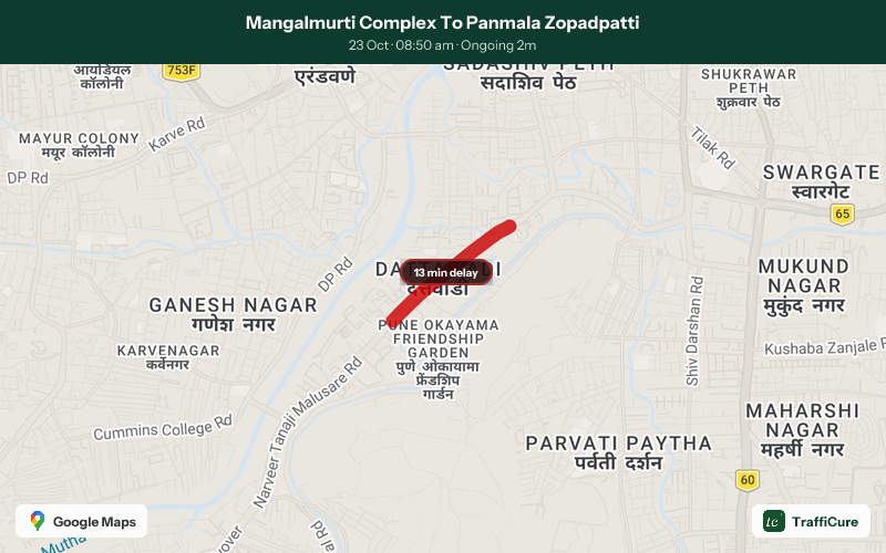 trafficure's tweet photo. Congestion alert: Mangalmurti Complex To Panmala Zopadpatti
13-minute delay
86% slower than usual
Current speed: 4 km/h
Ongoing for 2 min and counting
@PuneCityTraffic @PuneCityPolice have been notified. #PuneTraffic #TrafficAlert #MorningCommute https://t.co/HemkGk49H2