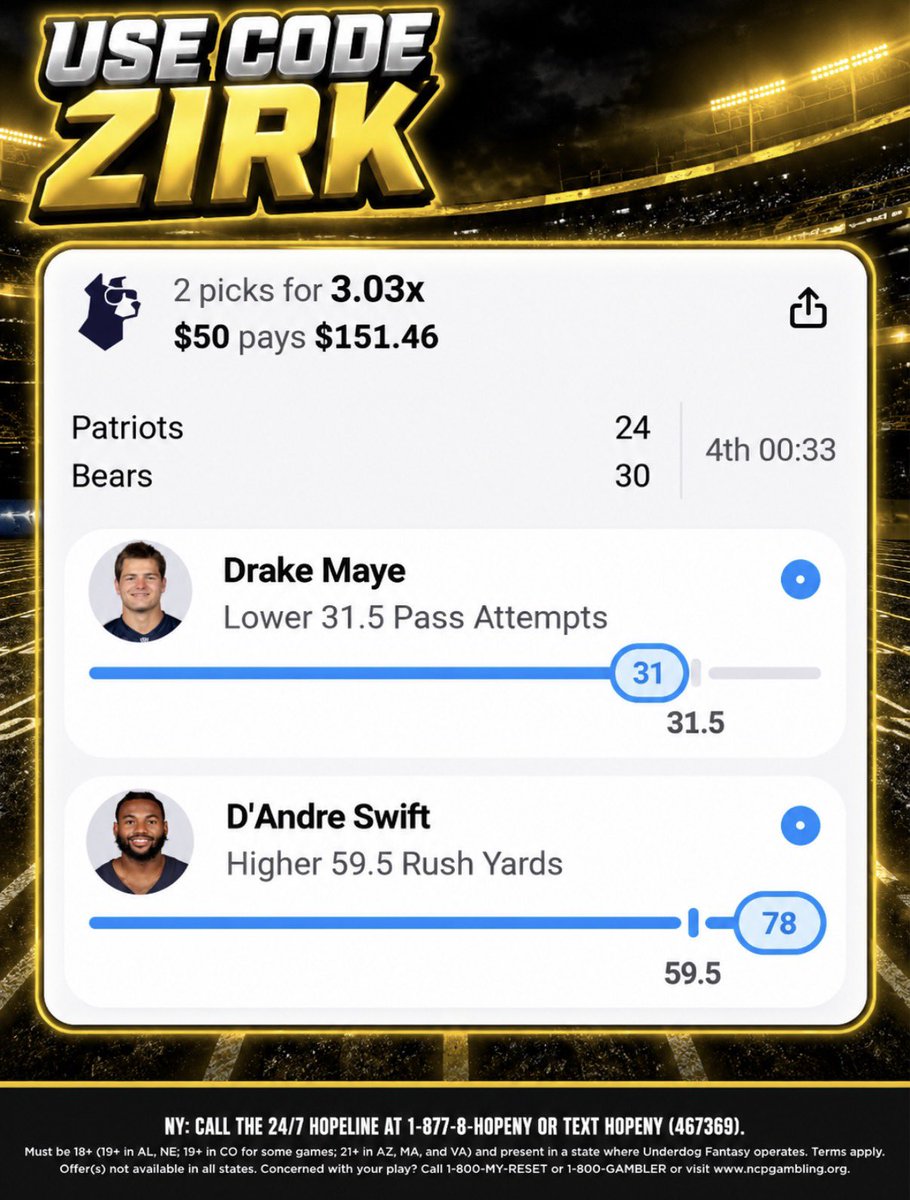 Zirksee's tweet photo. BANGGGGG A SWEATY $151.46 W, congrats to copiers 💵 After Purdy cooked us by .5 on MNF we get it back tonight 🤣🤣 let’s keep rolling: Use code ZIRK+choose between up to $1000 in bonus funds or play $10 get $50 in bonus funds!  https://t.co/qD8fizQSiw https://t.co/cDTDKOEc8c