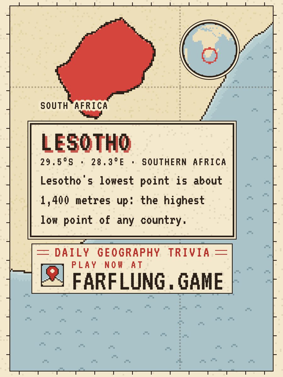 playfarflung's tweet photo. Lesotho, in Southern Africa. Lesotho's lowest point is about 1,400 metres up: the highest low point of any country. Could you pin it on a map with no names? Play now at https://t.co/RmZfQAFOFb https://t.co/ryh6viugtr