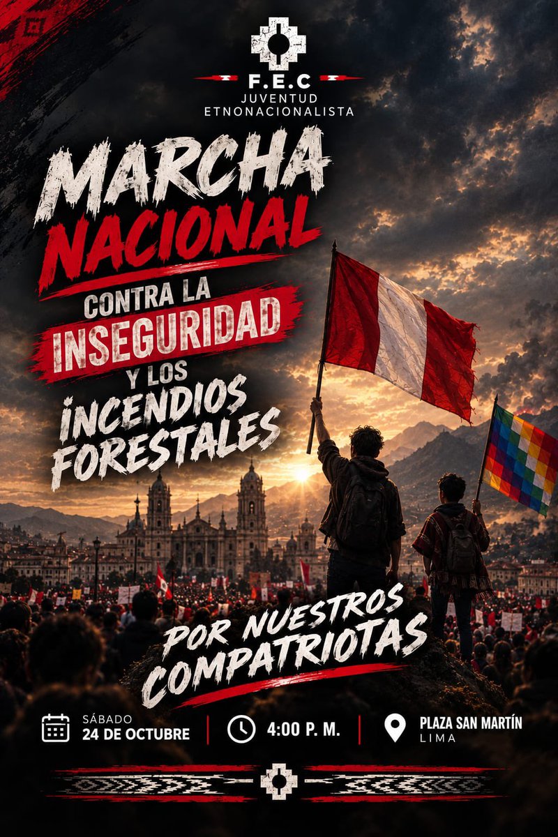 mirecarhuas's tweet photo. 🇵🇪 Gran movilización nacional contra la inacción del régimen incendiario y sicario de #KeikoRata ante los incendios y asesinatos. Org, gremios, colectivos, y población auto convocada marchará este Sab 24 Oct en diferentes regiones
#PeruEnCrisis #FueraKeikoRata https://t.co/srxFhhasYw