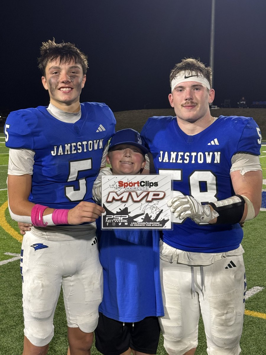 NetworkPsp's tweet photo. Jamestown wins a 2A football thriller over the St. Mary’s Saints, 7-2.  The Jays defense was superb, anchored by Rylan Dockter who made plays all over the field.  Jamestown forced 3 turnovers, one a pick by Edison Walters, who also had 8 catches himself,  including the game’s only TD.  The seniors Dockter and Walters are your SportsClips MVP as the Blue Jays advance to the playoffs..