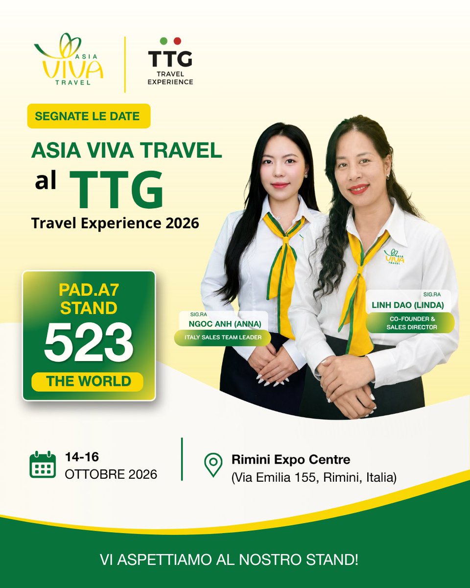 gabygatelli's tweet photo. Asia Viva Travel torna al TTG Travel Experience di Rimini dal 14 al 16 ottobre 2026. Vi aspettiamo al Pad. A7, Stand 523 – The World per scoprire Vietnam, Laos, Cambogia e Thailandia con esperienze su misura e servizi locali. Buon Ferragosto e https://t.co/dWTZBJfRmy