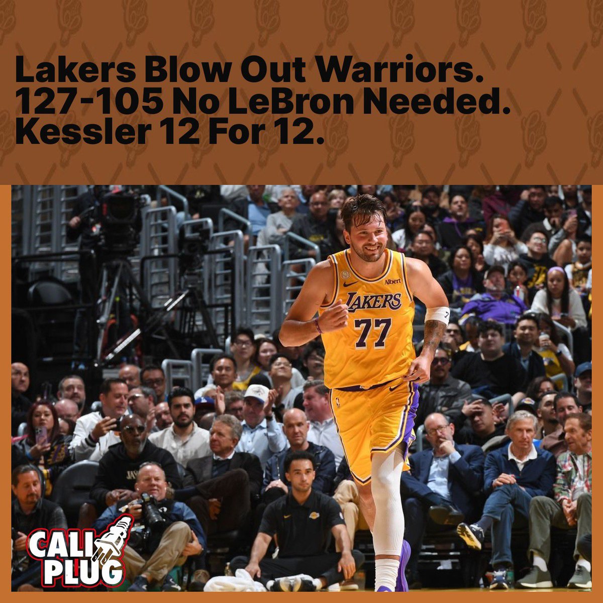 CaliPlug's tweet photo. Lakers open the post-LeBron era by blowing out the Warriors 127-105. Luka had 28. Kessler went a perfect 12-for-12 for 26 in his debut.
Lakers blow out Warriors 🏀
127-105. No LeBron needed.
Kessler 12-for-12 🔥
#CaliPlug
@CaliPlug https://t.co/irDtqyQhpR