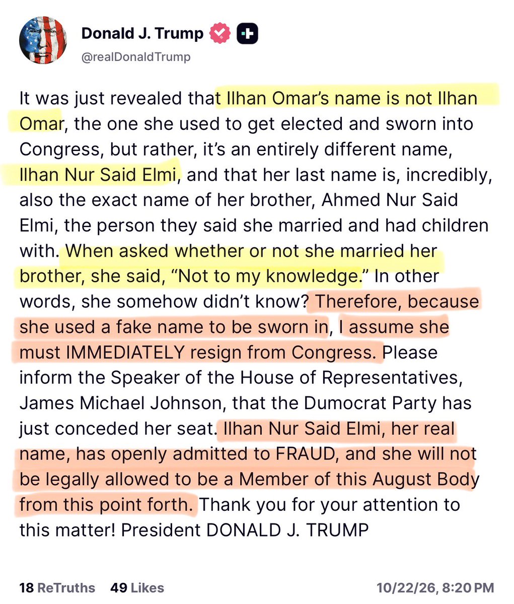 MissyIsMaga's tweet photo. 🚨 BOMB DROP FROM POTUS! 💣 🚨

WOW. 🔥🔥🔥

President Trump is demanding answers, and Americans have every reason to be outraged. He just called for Ilhan Omar's IMMEDIATE removal! 

Her fake name, identity, and fraud deserve serious consequences with no leniency—not political protection!

If the rules apply to ordinary Americans, they apply to members of Congress, too! We cannot have one standard for the American people and another for politicians!

THE AMERICAN PEOPLE DESERVE BETTER. CONGRESS MUST ADDRESS THIS IMMEDIATELY. Accountability is NOT optional! 🇺🇸