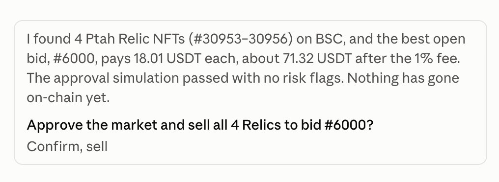 CooolOwen's tweet photo. 现在撸毛都要备好AI，不，是SI🤣

凌晨被朋友电话喊起来，他帮我用binance agentic wallet在 https://t.co/D20rkJ0mhw 打了4个NFT。

早上一看18U/个，想卖，但是网站很烂，连接wallet经常失败。最后，干脆直接让claudecode帮我处理了。 https://t.co/MPB5xv1Ofs