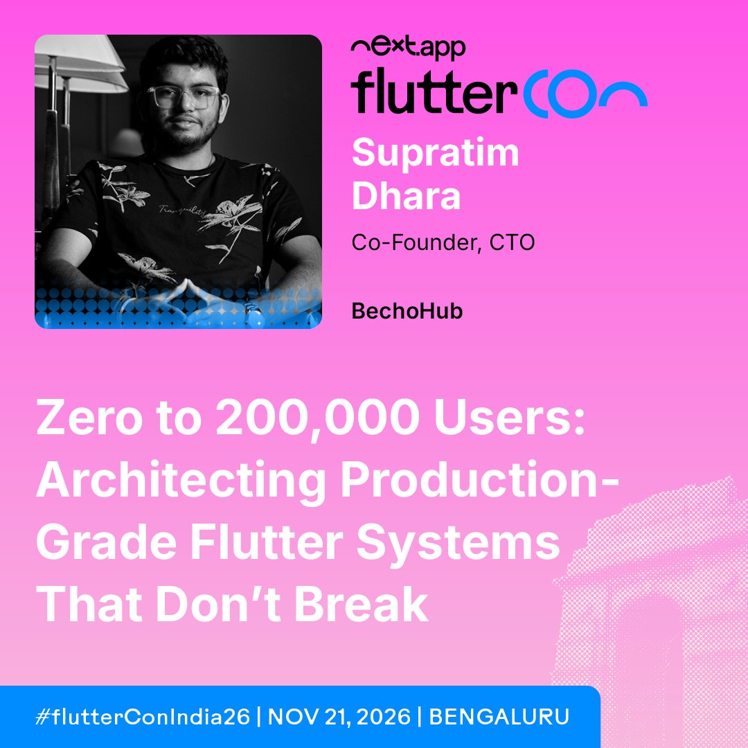 FlutterconWorld's tweet photo. From 0 to 200,000 users before a festival deadline. 🚀 @supratimtwt on Flutter architecture that doesn't break at scale, at flutterCon India, Bengaluru. https://t.co/5Bb4K2GRTp #flutterConIndia26 #Flutter https://t.co/OrMszFsrZC