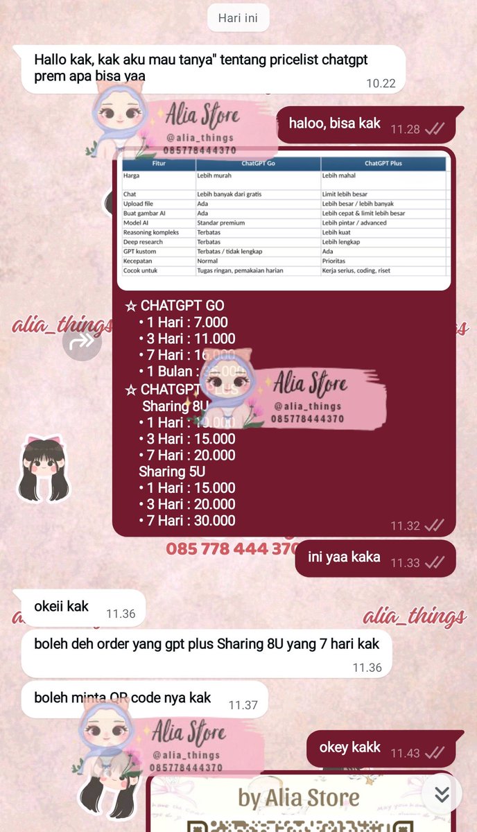 alia_things's tweet photo. selama ini nolakin yg mau order chtgpt karna kayanya sering problem blm lagi masalah otp haha
tp kali ni akhirnya coba jual ke cust lama hmm apakah saatnya kembali memberanikan diri menjual chgpt ituh 😌 https://t.co/yltJ0mRQXn
