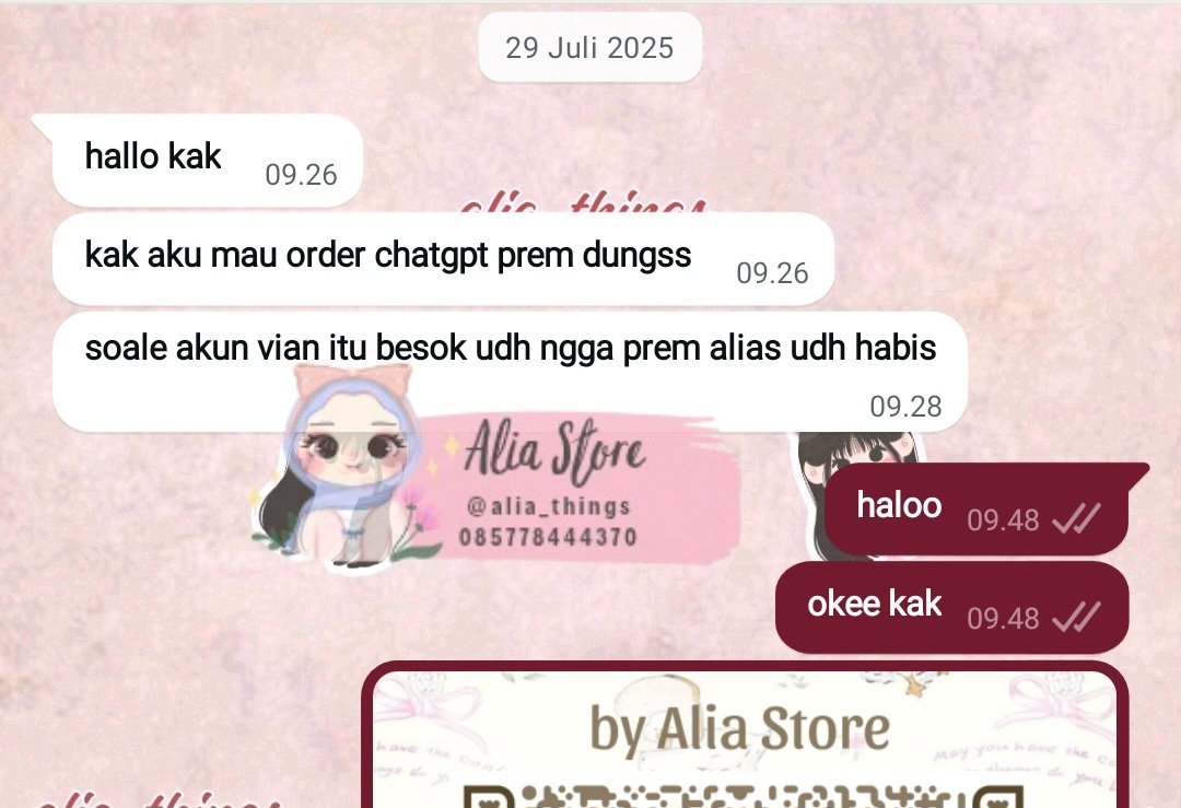 alia_things's tweet photo. selama ini nolakin yg mau order chtgpt karna kayanya sering problem blm lagi masalah otp haha
tp kali ni akhirnya coba jual ke cust lama hmm apakah saatnya kembali memberanikan diri menjual chgpt ituh 😌 https://t.co/yltJ0mRQXn