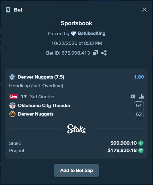 OnlyHighRoll's tweet photo. 🚨 ALERT: High Roller Single Bet Placed!

🏀 Match: Oklahoma City Thunder - Denver Nuggets

👤 Placed by: BetlikeaKing
💸 Stake: $99,900.10
✖️ Odds: 1.8
🏆 Est. Payout: $179,820.18
🔗 Track &amp; more: https://t.co/kHtU8lmPIW
💲 Bet on https://t.co/XfHCjjTfKE https://t.co/WY7eunDvFt