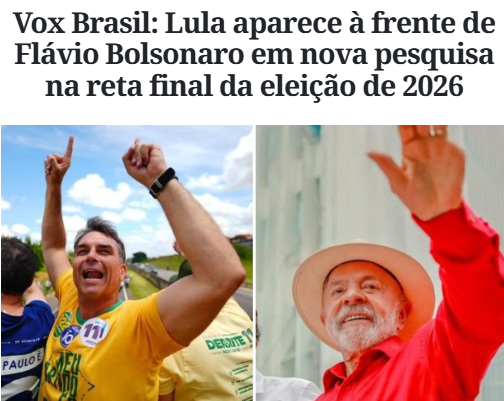 BellatrixMarla's tweet photo. ATENÇÃO:
Pesquisa Vox Brasil
➡️Lula 50,6%  x Flávio Miliciano 49,4%

Não vamos entregar o Brasil à extrema direita, que ataca políticas sociais, enfraquece a proteção dos trabalhadores, ameaça instituições democráticas e alimenta a intolerância para dividir o povo enquanto os poderosos ampliam seus privilégios. Não é apenas uma disputa entre candidatos: é uma disputa civilização x barbárie. 

➡️Vamos virar votos, conquistar corações e mentes e buscar essa vitória até o último segundo!
#DesculpaLula