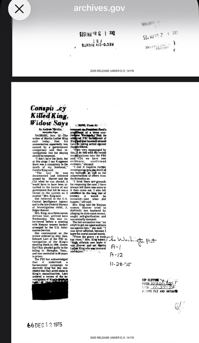 shiloheffort's tweet photo. So I was digging through the National Archives FBI files on MLK's assassination, including additional records released on July 21, 2025, and came across some interesting similarities to Charlie Kirk's case.

To clarify, the assassination and many of the allegations have been public for decades. It's the additional FBI records that were released in 2025.

MLK - 1968
.30-06 caliber rifle
James Earl Ray drove a white Ford Mustang
Fatal bullet couldn't be conclusively matched to the recovered rifle
Conflicting vehicle sightings and a questionable radio broadcast
Ray pleaded guilty, then recanted
His wife, Coretta Scott King, and their children questioned Ray's guilt and demanded an independent investigation

Charlie Kirk - 2025
.30-06 caliber rifle
Tyler Robinson drove a Dodge Challenger
ATF bullet comparison was inconclusive
Questions surrounding vehicle sightings near UVU
UVU's independent review documented serious security failures

Here's what really caught my attention.

Coretta Scott King didn't just question the official investigation. She believed her husband had been killed as part of a conspiracy involving the Mafia and local, state, and federal government agencies.

And she had reasons for distrusting the FBI.

Under J. Edgar Hoover, the FBI had spent years surveilling MLK, wiretapping him, trying to discredit him, and actively attempting to destroy his reputation.

This wasn't speculation. It's documented.

Then there were allegations involving Loyd Jowers, a Memphis restaurant owner who claimed he'd been paid to help arrange the assassination, along with questions about witnesses, evidence, and whether James Earl Ray had been framed.

Coretta and her children believed evidence had been ignored or inadequately investigated.

They did not trust the FBI or the government agencies they suspected of involvement to investigate themselves.

They wanted an independent commission with subpoena powers.

In fact, when Attorney General Janet Reno authorized another inquiry in 1998, the FBI was excluded because of the family's distrust of the bureau.

In 1999, a civil jury concluded that MLK's assassination involved a conspiracy, including government agencies. The DOJ later disputed those findings.

Now look at Charlie Kirk.

We have an independent review documenting serious security failures at UVU, but that's not the same as an independent reinvestigation into who was responsible for the assassination.

I'm not saying these two assassinations are connected or that Tyler Robinson has been proven to be a patsy.

But two assassinations, the same rifle caliber, inconclusive bullet comparisons, vehicles central to both investigations, and questions surrounding the evidence?

It's an interesting rabbit hole.

And what stands out to me just as much as the similarities is the difference in how the families publicly approached the investigations.

Coretta Scott King didn't just ask for answers. She questioned whether the very agencies investigating her husband's murder could be trusted to tell the truth.

She wanted them investigated, too.