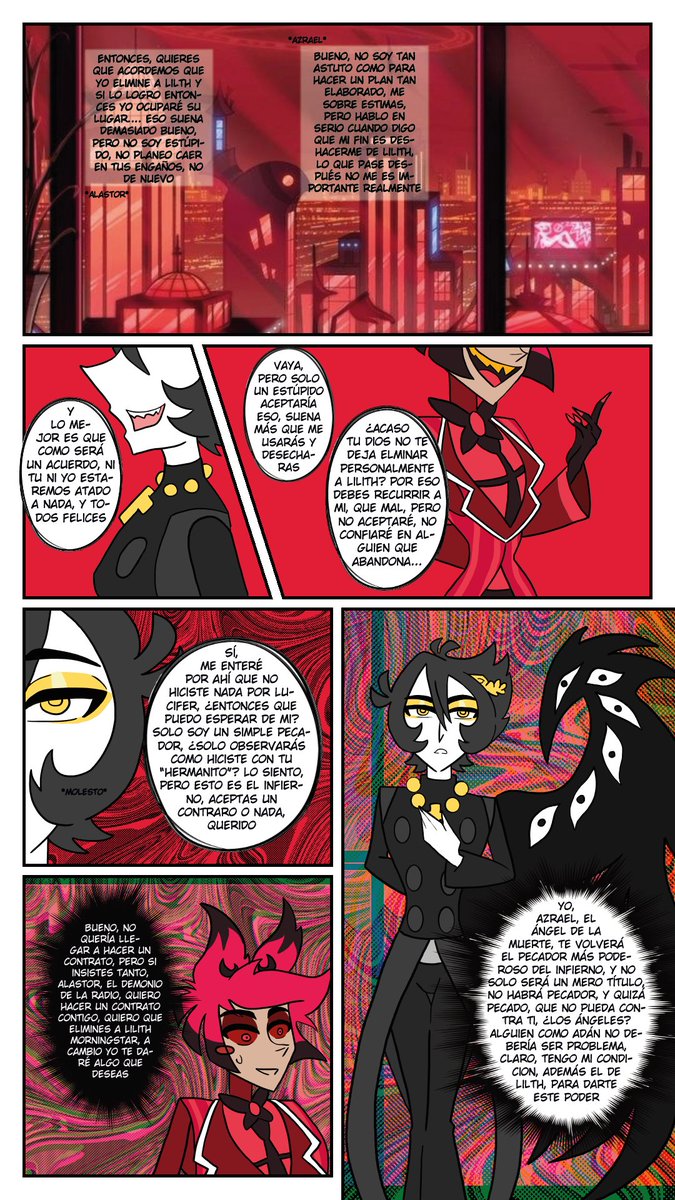 MokkochinH7's tweet photo. Los Ecos del Paraíso
Parte 36: Un nuevo comienzo (3)
Azrael no es muy brillante pero se defiende, en fin, puede que alcancen un punto medio, sin saberlo, los dos buscan lo mismo. Dos partes más y pasaremos a otro asunto.

#HazbinHotel #alastor #azrael #HazbinHotelOC  #fancomic https://t.co/UUwaHHmYZo
