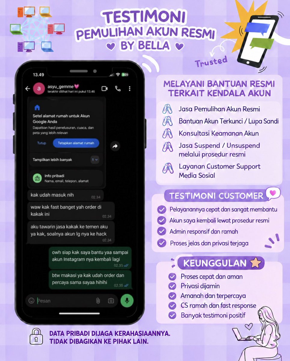 Gifta_CLaren's tweet photo. Pagi guys, Open ya layanan kendala akun sosial media.

Layanan :
🎗️Pemulihan Akun &amp; Hapus Akun 
🎗️Lacak Lokasi — Sadap Wa — Hack Akun

(Facebook, Instagram, TikTok, WhatsApp, Line, X, Gmail, YouTube, Telegram,Game  &amp; Lainnya) 

Konsul? WhatsApp Di Profil ya
#zonauang #zonajajan https://t.co/daPxUjxDsf