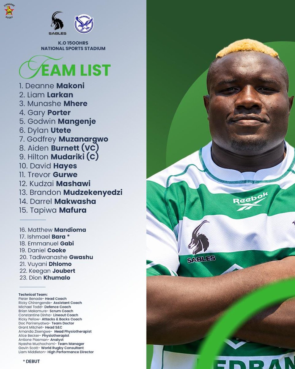 ZimRugbyZW's tweet photo. TEAM LIST IS OUT! 

The Zimbabwe Sables squad is locked in and ready to take on Namibia this Saturday at the National Sports Stadium! 

📡 Watch LIVE on:
1.  ZBC
2.  Zim Rugby YouTube Channel, 
https://t.co/aM5LTavdPC
streamed by Kyros Sports, powered by Econet

3. RugbyPass TV

4. Sports AI
https://t.co/bRTypeLItt

🎟🎟Get your tickets now on 
📌Hypenation 
https://t.co/c0mTfCyYfy

📌 Sahwigate 
https://t.co/cPr1rC6WJe
