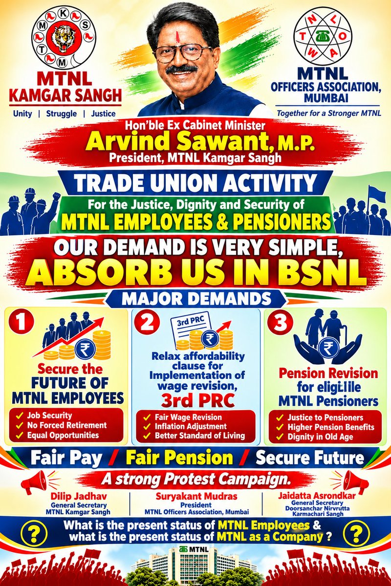 KishorK2026's tweet photo. We appeal  GoI to protect future of employees and the dignity of pensioners.

Our key demands are clear: Absorption in BSNL, fair 3rd PAY revision and pension revision 
  @pib_comm 
@DoT_India 
@JM_Scindia 
@CMDBSNL 
@narendramodi_in 
@PMOIndia

#Save_MTNLemployees
#3rdPRC_MTNL https://t.co/LjViRer5aB