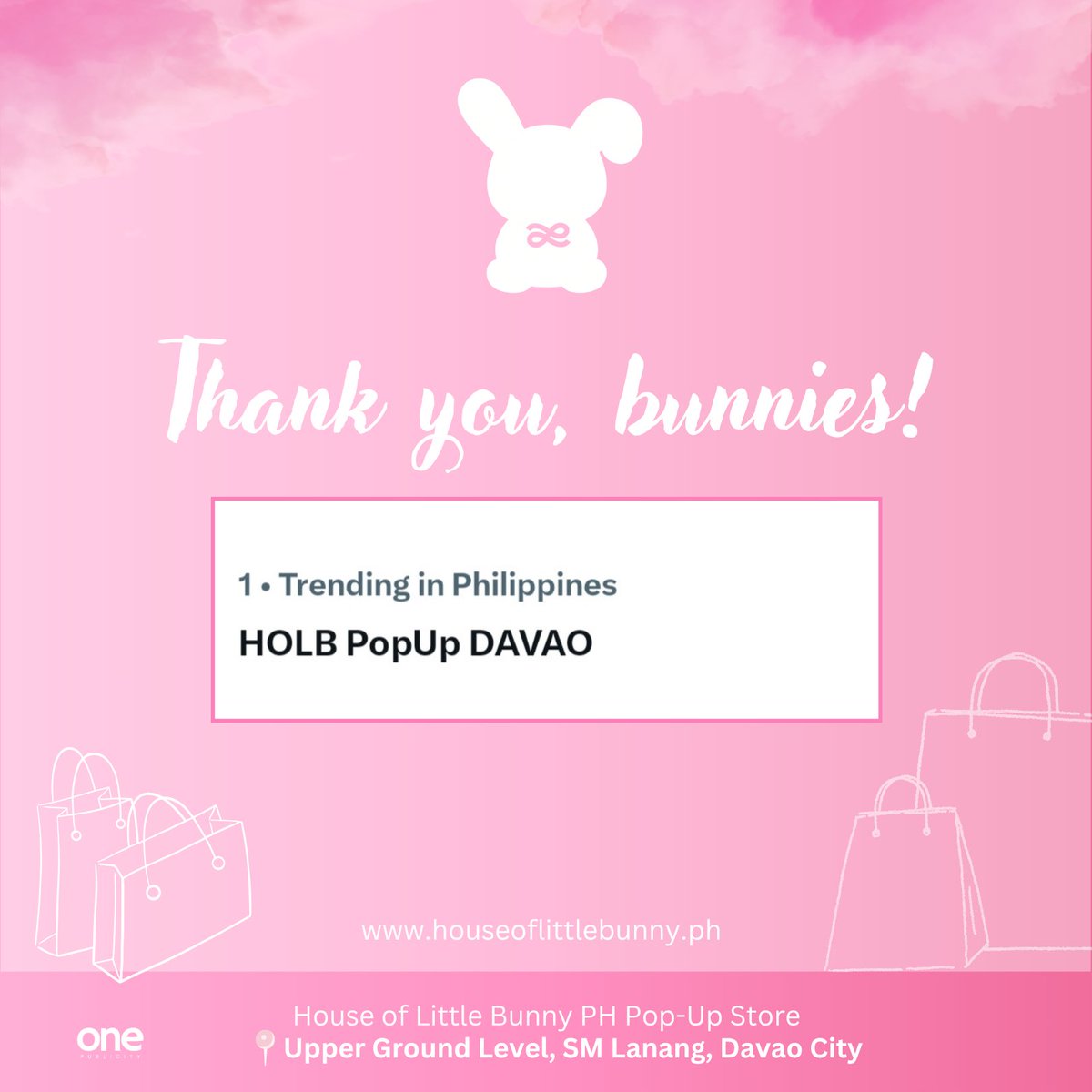 onepublicityph's tweet photo. Thank you, Bunnies! 🩷

Top 1 Trending Topic in the Philippines

HOLBPopUpDavao
#houseoflittlebunnyph #KimChiu https://t.co/dSguTb7dC9
