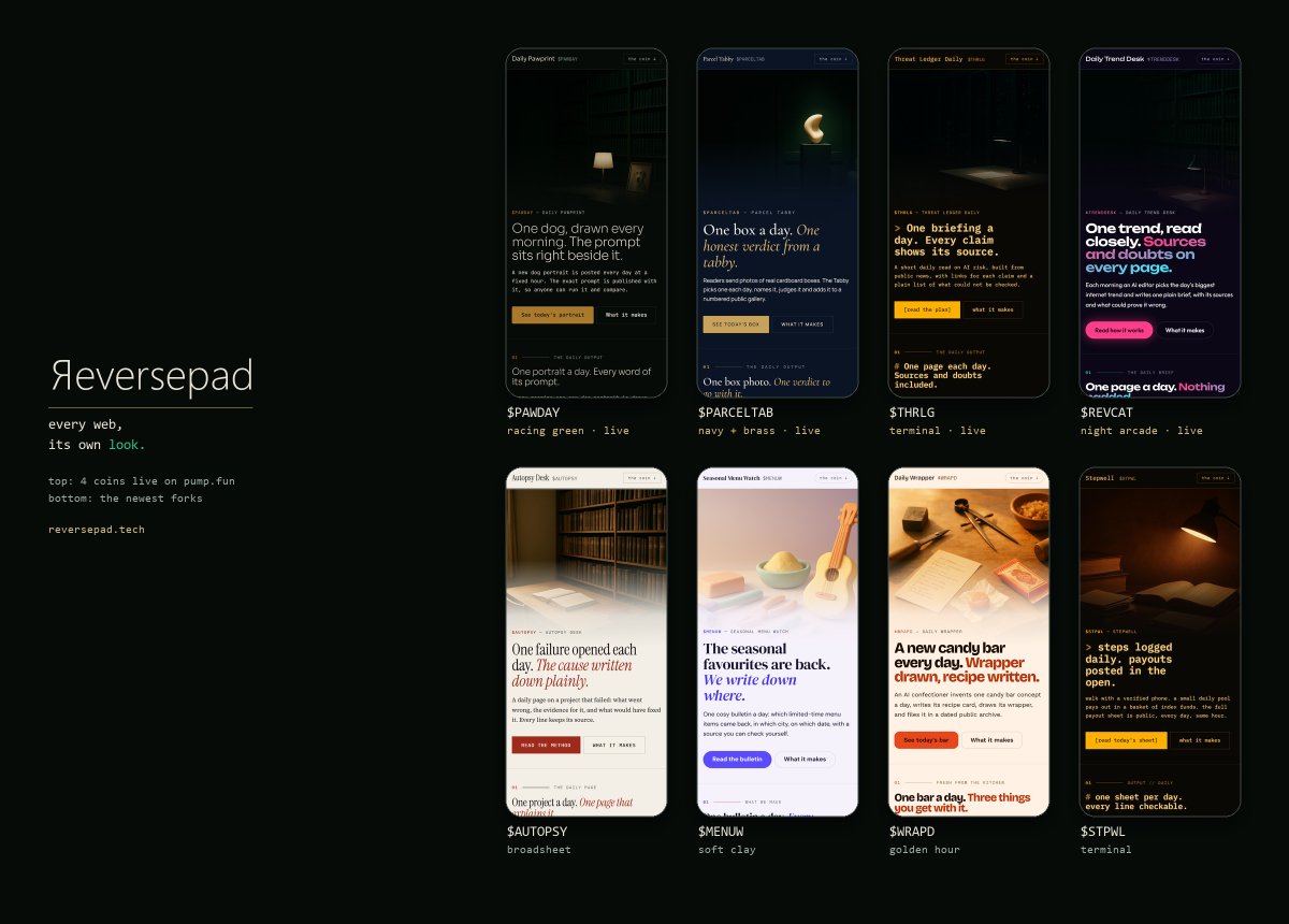 ReversePadxyz's tweet photo. Update: every REVERSEPAD web now has its own face. Nine looks, own fonts, colours, art and voice, no repeats. And a site now wears the name its coin launched with. 4 coins live: $REVCAT $PARCELTAB $THRLG $PAWDAY. https://t.co/l7zWnONQYr https://t.co/4B6TvyIWuh