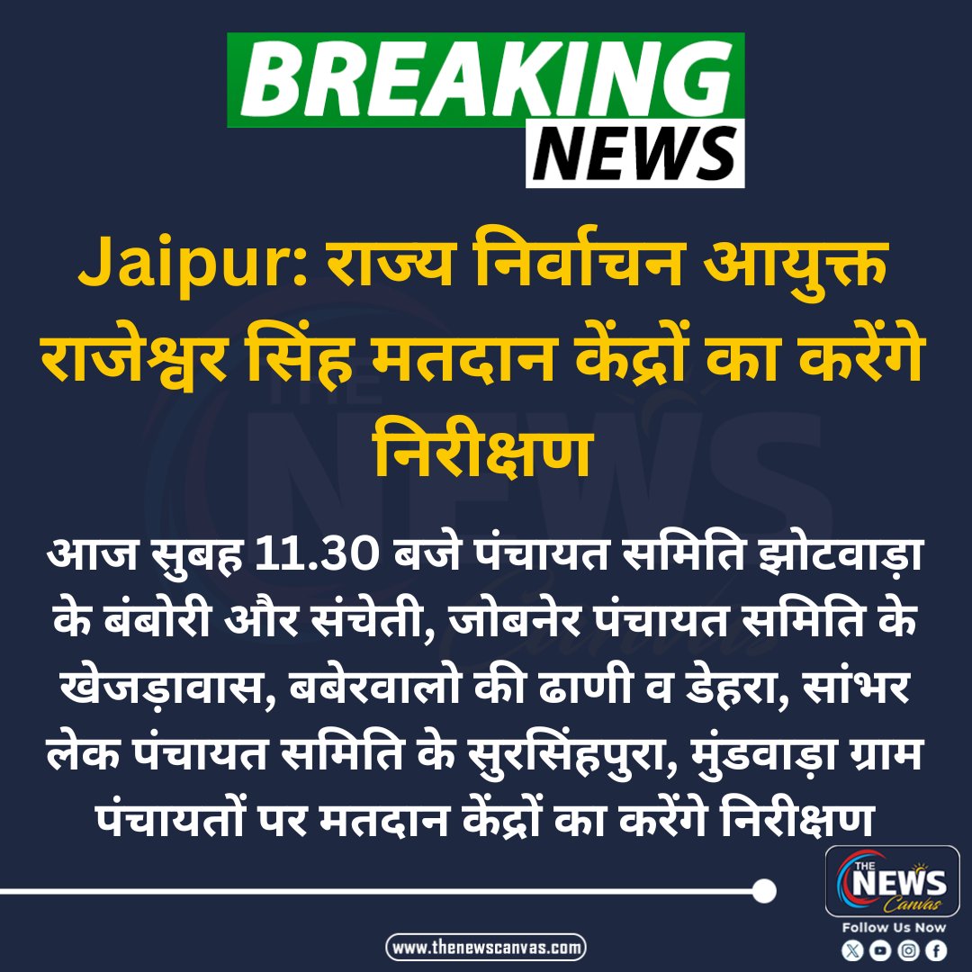 TheNewsCanvas_'s tweet photo. Jaipur: राज्य निर्वाचन आयुक्त राजेश्वर सिंह मतदान केंद्रों का करेंगे निरीक्षण ||
#RajasthanPanchayatElection2026 #RajeshwarSingh #StateElectionCommission #PanchayatElection #PollingBoothInspection #Jhotwara #Jobner #SambharLake https://t.co/oV0ozjRxLe
