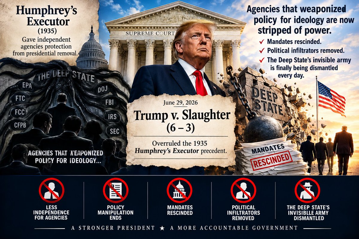 AlexChecked's tweet photo. ⚠️ Remember 🚨

The Supreme Court on June.29.2026 decided Trump v. Slaughter (6–3) overruling the 1935 Humphrey’s Executor precedent

Agencies that weaponized policy for “progressive” leftist ideology are stripped of power

Deep State’s bureaucracy is being dismantled every day! https://t.co/Tscaly72ds