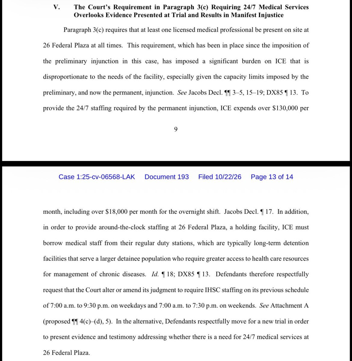 arya_sundaram's tweet photo. The Trump admin is asking a federal judge to agree to looser restrictions on standards at the ICE holding cells in Lower Manhattan. 

The feds say they don't want to provide pillows (security risk), a light dimmer at night (unclear why), or 24/7 medical services (too expensive). https://t.co/6OVPZpuPuD
