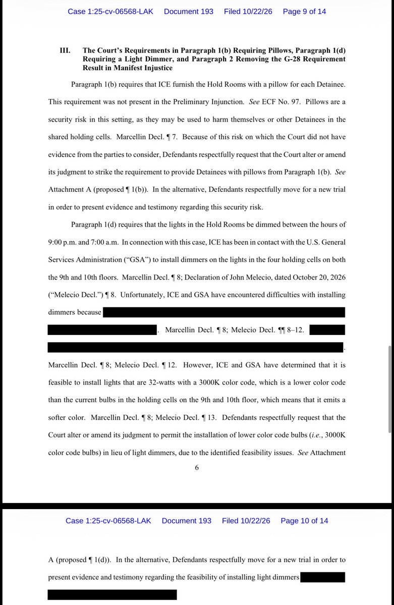 arya_sundaram's tweet photo. The Trump admin is asking a federal judge to agree to looser restrictions on standards at the ICE holding cells in Lower Manhattan. 

The feds say they don't want to provide pillows (security risk), a light dimmer at night (unclear why), or 24/7 medical services (too expensive). https://t.co/6OVPZpuPuD