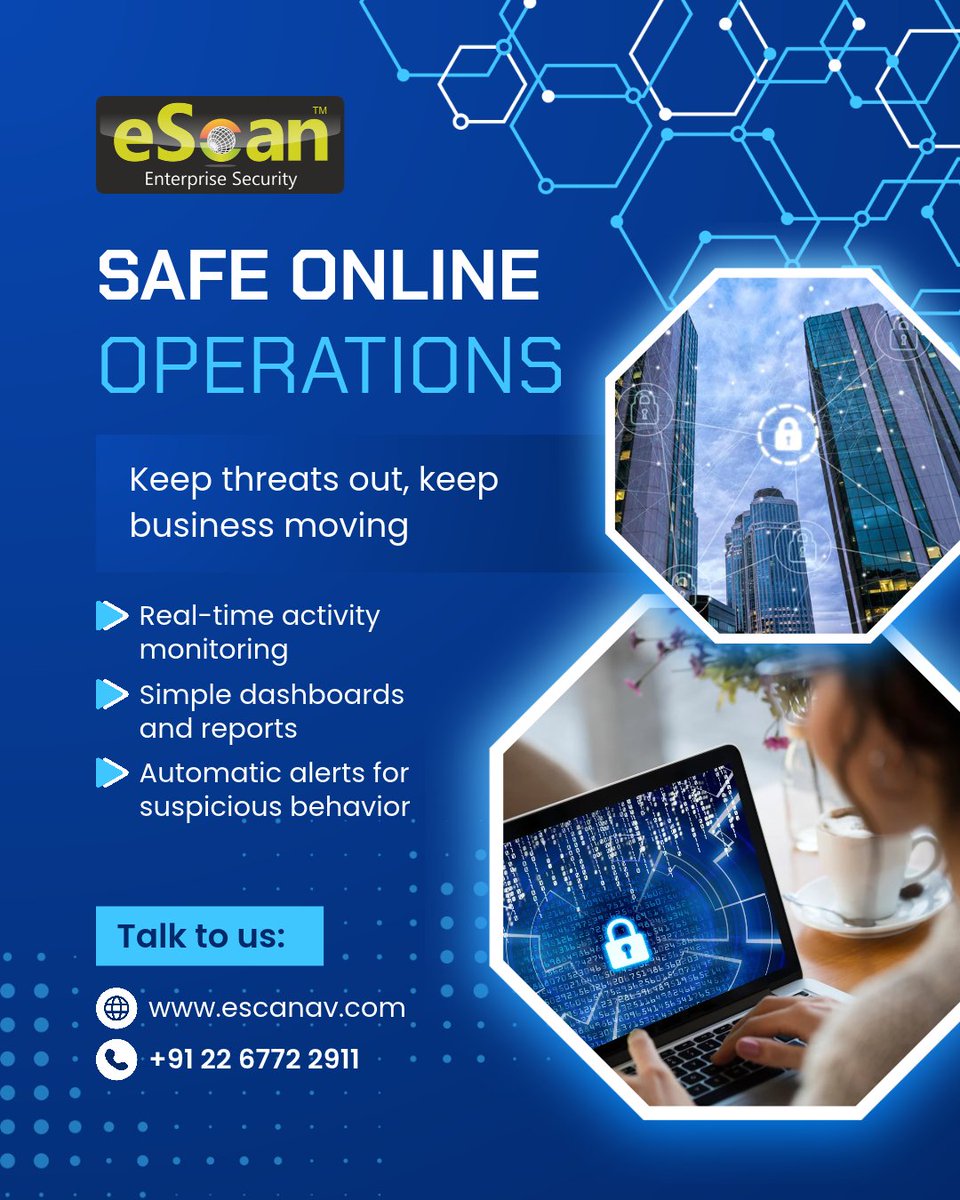 escan_tweet's tweet photo. 🛡️ eScan SAFE ONLINE OPERATIONS

Keep threats out. Keep business moving.

✅ Real-time activity monitoring
✅ Simple dashboards &amp; reports
✅ Automatic alerts for suspicious behavior

Operate online with confidence. 🔒

https://t.co/kj5ZGoPDRb
#eScan #cybersecurity #iot #endpoint https://t.co/vzI0x6D1y5