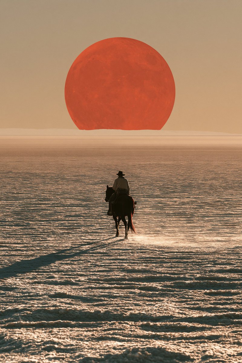 VigoCreativeAI's tweet photo. After a sci-fi epic and a fantasy colossus, the "Vigo Zhao fake movie universe" is heading into the Neo-Western territory today: DUST. 🤠🎬
Fell in love with the stark minimalism of this shot—just the salt flats, a lone rider, and that massive blood-red sun/moon on the horizon. Paired it with a heavy spurred western typeface and a cold tagline:
"The land keeps what it takes."
Poster version (1) or clean wallpaper (2)? Which one hits harder? 👇