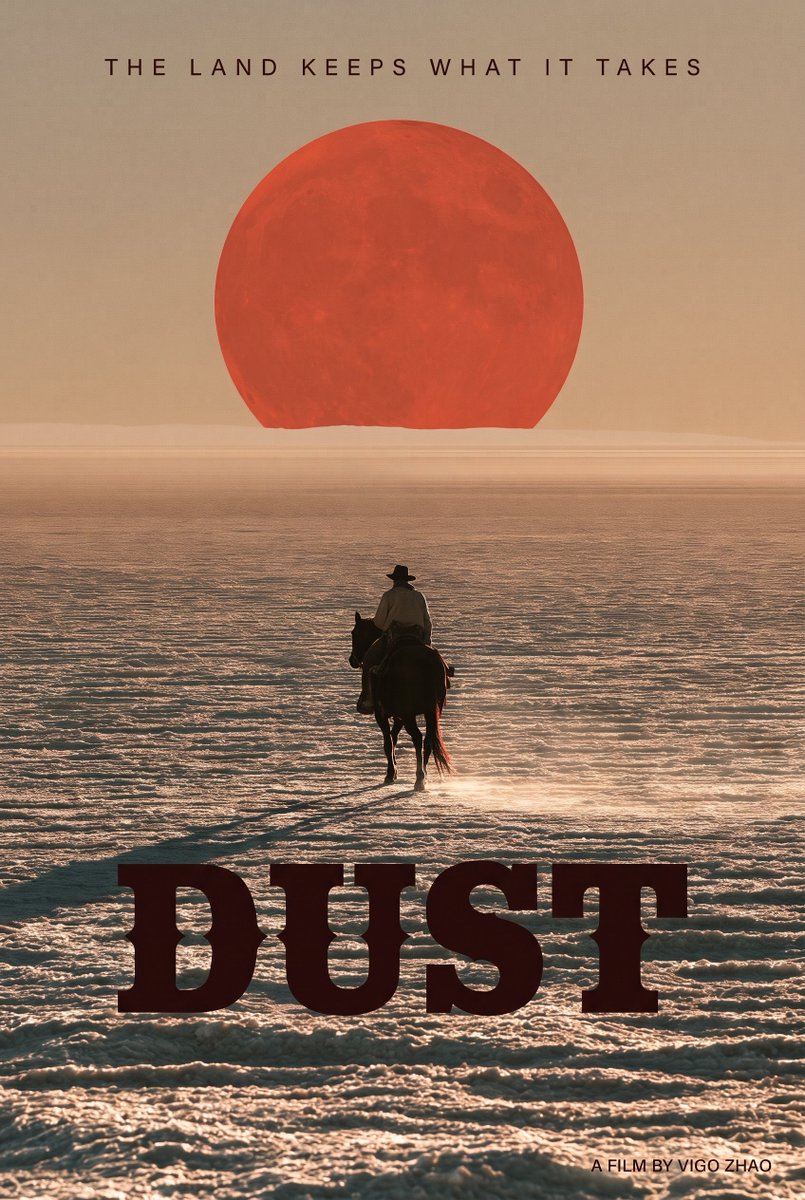 VigoCreativeAI's tweet photo. After a sci-fi epic and a fantasy colossus, the "Vigo Zhao fake movie universe" is heading into the Neo-Western territory today: DUST. 🤠🎬
Fell in love with the stark minimalism of this shot—just the salt flats, a lone rider, and that massive blood-red sun/moon on the horizon. Paired it with a heavy spurred western typeface and a cold tagline:
"The land keeps what it takes."
Poster version (1) or clean wallpaper (2)? Which one hits harder? 👇