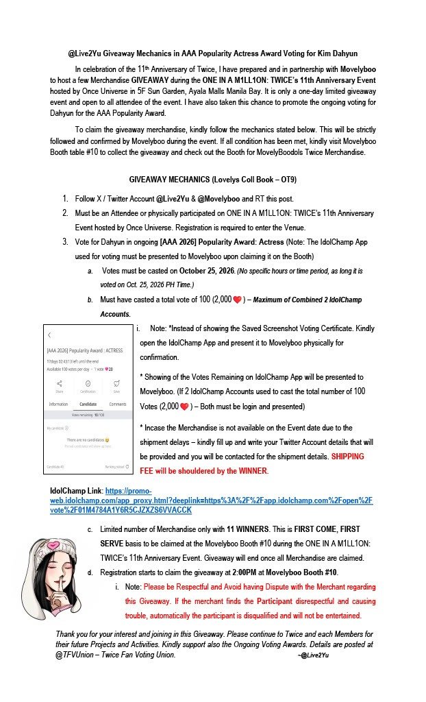 movelyboo's tweet photo. 𝐒𝐏𝐄𝐂𝐈𝐀𝐋 𝐆𝐈𝐕𝐄𝐀𝐖𝐀𝐘 𝐅𝐎𝐑 𝐀𝐋𝐋 𝐎𝐈𝐀𝐌 𝐀𝐓𝐓𝐄𝐍𝐃𝐄𝐄𝐒 𝐎𝐍 𝐎𝐂𝐓𝐎𝐁𝐄𝐑 𝟐𝟓  🥳
Sponsored by @Live2Yu 

𝟏𝟏 𝐖𝐈𝐍𝐍𝐄𝐑𝐒 𝐎𝐅 𝐋𝐎𝐕𝐄𝐋𝐘𝐒 𝐂𝐎𝐋𝐋𝐄𝐂𝐓 𝐁𝐎𝐎𝐊 𝐒𝐄𝐀𝐋𝐄𝐃 𝐖𝐈𝐓𝐇 𝐏𝐇𝐎𝐓𝐎𝐂𝐀𝐑𝐃

𝐌𝐞𝐜𝐡𝐚𝐧𝐢𝐜𝐬:
1.  ​Mbf @Live2Yu & @movelyboo and RT this post. 
2. ​Must be an attendee of ONE IN A M1LL1ON: TWICE’s 11th Anniversary Event by @onceuverse
3.  ​Vote for Dahyun:
- ​Cast 100 votes (2,000❤️) on October 25, 2026 via the IdolChamp app (max of 2 accounts combined). 
 - Open the IdolChamp app to present your remaining votes (screenshots not accepted).

​𝐂𝐥𝐚𝐢𝐦𝐢𝐧𝐠:
Where: Movelyboo, Table #10
Time: 2:00PM - 7:00PM 
-Winners will get to choose their preferred member.
- First come first served basis, total of 11 winners
-Prizes are not yet onhand and will be shipped
-Shipping fee will be shouldered by the winner
-Winners must fill out their contact details at the booth

Thank you and Good luck! 🩷🤍