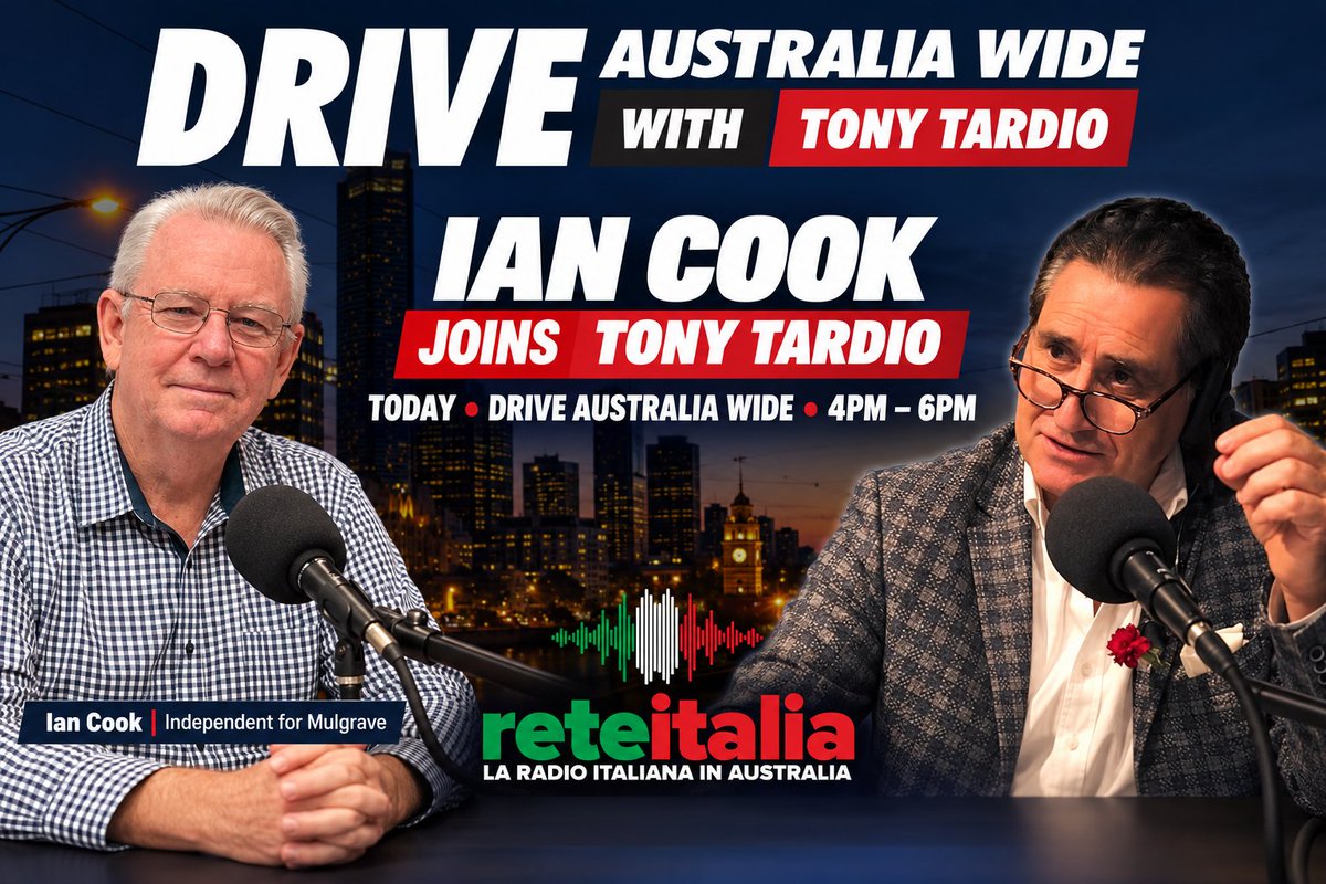 Vote1IanCook's tweet photo. 🎙️ Ian Cook joins Tony Tardio on Rete Italia today! 
Tune in to Drive Australia Wide, 4–6 pm.

📻 DAB+: Scan for Rete Italia on Niche Radio.
🌐 Listen live: https://t.co/QCmhFqyG0N
📱 Download Rete Italia app from App Store or Google Play. 

#VicVotes #Election2026