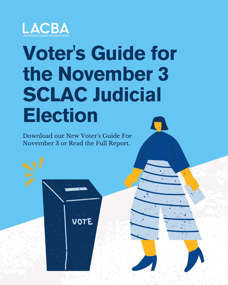 LACBA's tweet photo. 🗳️ Judges are on your ballot. Do you know who to vote for?

Our 2026 Voter’s Guide has you covered. LACBA’s Judicial Elections Evaluation Committee interviews candidates and gathers input from lawyers and judges to rate those running for Superior Court in LA County.

Download, print, and take it with you to the polls.

📥 Get the guide: https://t.co/vYmaKWvp4g

#LACBA #VotersGuide #JudicialElections