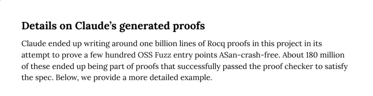 djekyll's tweet photo. @jurlycat the appendix has the better number: Claude wrote about a billion lines of Rocq, and only 180M passed the checker. the kernel doesn't care how confident the model sounds

the next win is reuse. right now every proof re-proves libc and ASan from scratch https://t.co/ZN6UqR1L2p