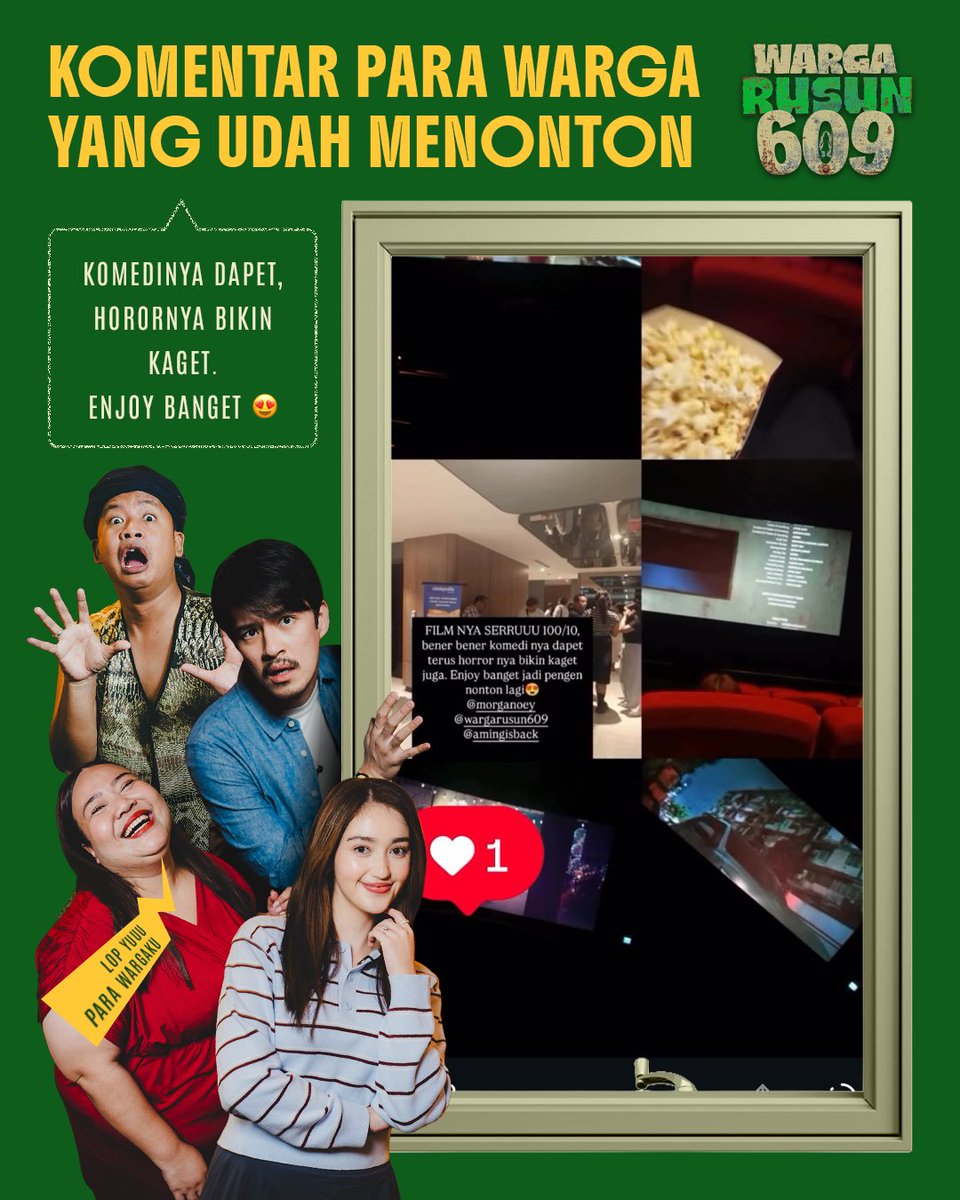 RapiFilm's tweet photo. Tontonan fresh dan menghibur buat long weekend kamu! 😝🫵🏼

Intip kata para warga yang udah nonton Warga Rusun 609! ➡️

Tunggu apa lagi? Yuk ajak teman &amp; keluarga kamu ke bioskop hari ini dan beli tiket Warga Rusun 609 sekarang!! https://t.co/MPMoe9YhhG