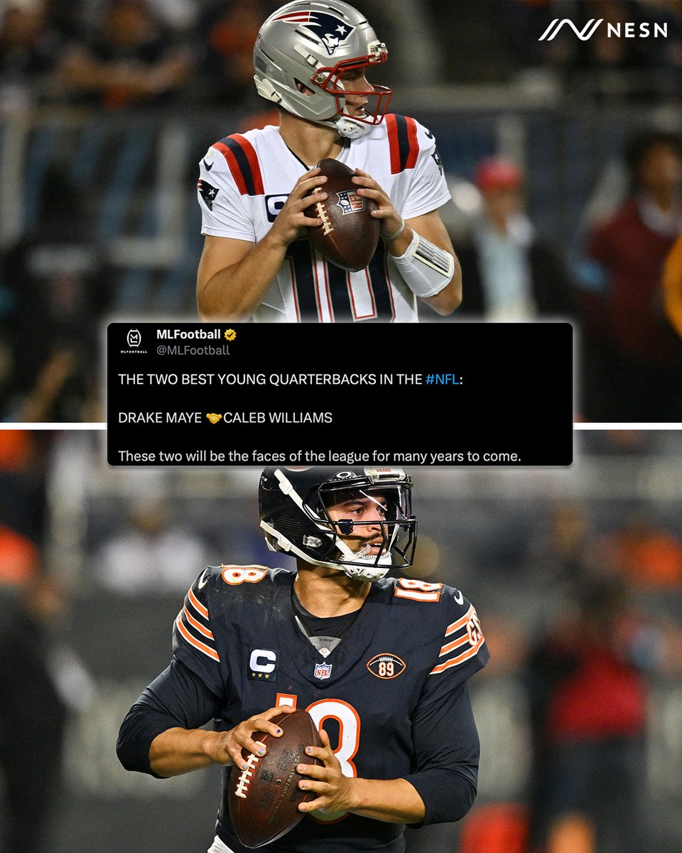 NESN's tweet photo. Drake Maye and Caleb Williams went to battle tonight 🫡

Maye: 24/31, 321 Yds, 3 TOT TD's 📈
Williams: 22/33, 308 Yds, 2 TD's 🔥

Until next time 🤝 https://t.co/XzwH2AcuPQ