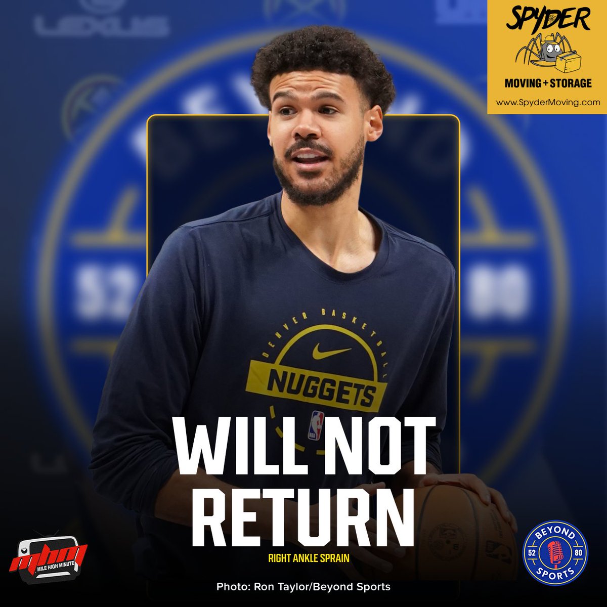 BeyondSport5280's tweet photo. Cam Johnson suffered a righr ankle sprain vs the Thunder.  He will likely be out 4-6 weeks

Coverage of the Denver Nuggets is brought to you by @SpyderMoving 
Use promo code SPYDER20 for 20% off your next move https://t.co/oRdGR4iohX