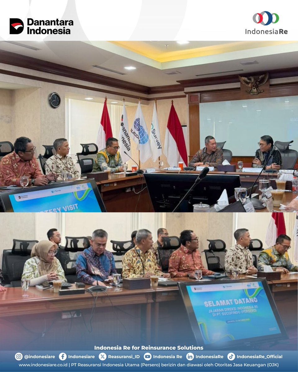 Reasuransi_ID's tweet photo. Indonesia Re melaksanakan Courtesy Visit ke SUCOFINDO pada Jumat, 23 Oktober 2026, bertempat di Gedung SUCOFINDO, Jakarta. Kegiatan ini dihadiri oleh seluruh jajaran Board of Directors Indonesia Re dan SUCOFINDO sebagai momentum untuk mempererat hubungan kelembagaan. https://t.co/cVeasswy2q