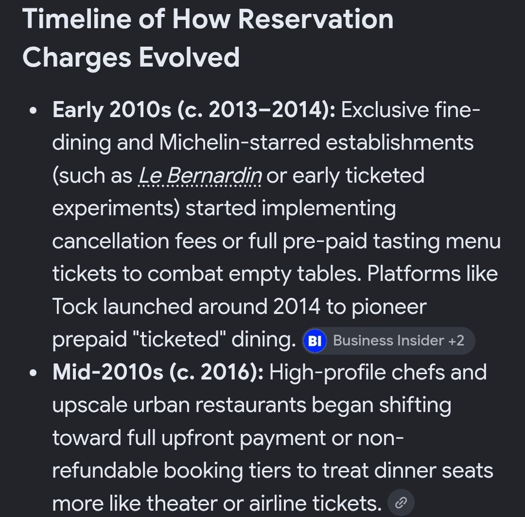 chroma_ox's tweet photo. "hello, id like to spend money at your business, please leave room for me at your business so i can spend money"

if you dont show up, you didnt buy anything and they lost potential profit from reserving room for someone who was rude enough not to show up

this is a concept thats more than "an hour and a half old", michelin star restaurants started doing it over 10 years ago

again, i know this may be hard to understand for someone who believes they're the main character of history and that the planet revolves around them, and this may all be rather disturbing to hear