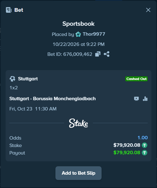 OnlyHighRoll's tweet photo. Huge Bet placed on ⚽ Stuttgart - Borussia Monchengladbach

💰 Stake: $79,920.08
👤 Placed by: Thor9977

👀 Track &amp; more: https://t.co/kHtU8lmPIW https://t.co/rxhZOgM1Oe