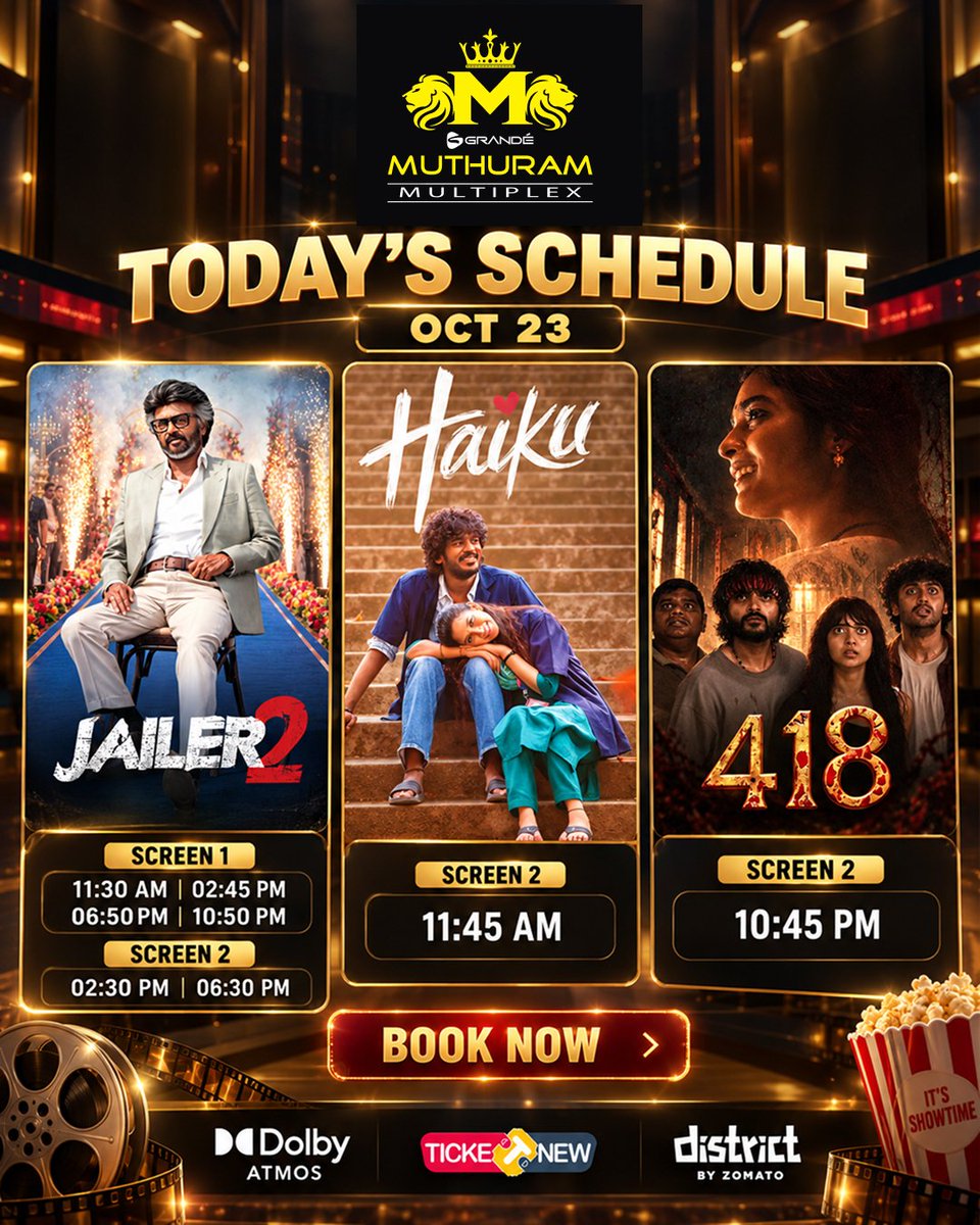 GrandeMultiplex's tweet photo. Love, Laughs Or Late Night Chills? 🍿

🔥 Jailer 2: Thalaivar still ruling
💘 Haiku: A quirky college romance, out today
🚪 418: Some doors are better left shut

🎟️ Book on TicketNew &amp; District by Zomato

#GrandeMuthuramMultiplex #NowShowing https://t.co/y41qI27E8r