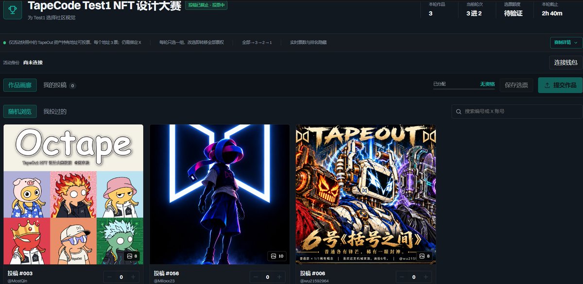 FirstoAI's tweet photo. 刚刚 12:00，首轮晋级已经自动完成，最终进入前三的作品为：

003、006、056

此前投给未晋级作品的票数现已释放，大家可以重新选择，将票投给以上三件作品中的任意一件。

下一阶段时间
⏰ 15:00：3 进 2
🏆 今晚 24:00：2 进 1，决出最终冠军

同时，我们已经发现部分异常投票及疑似刷票行为。最终有效票数将经过严格筛选与核验，异常账号及无效票不会计入晋级结果。

请不要刷票，也不要在无效操作上浪费时间。请用真实账号，为你真正认可的作品投票。

#tapeoutnft #tapeout