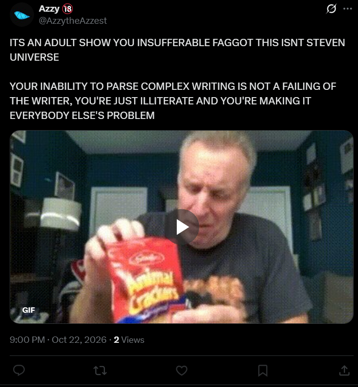 REFUSERADIO's tweet photo. nothing says mentally stable like calling someone slurs over extremely surface level criticism of your poorly written slop cartoon https://t.co/1XUH9iOAQI
